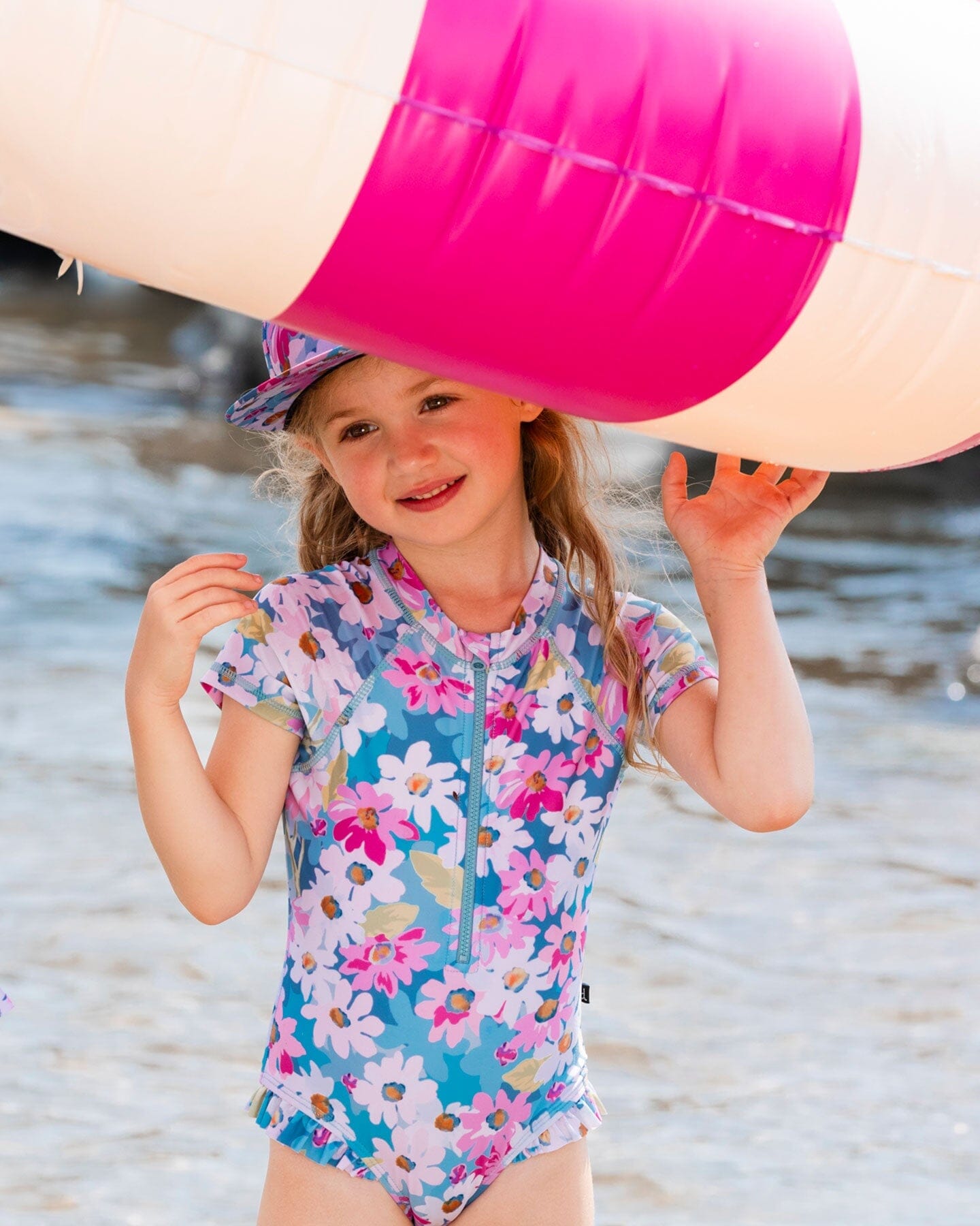 Printed Short Sleeve One-Piece Swimsuit With Frills White, Pink, And Green Flowers-1