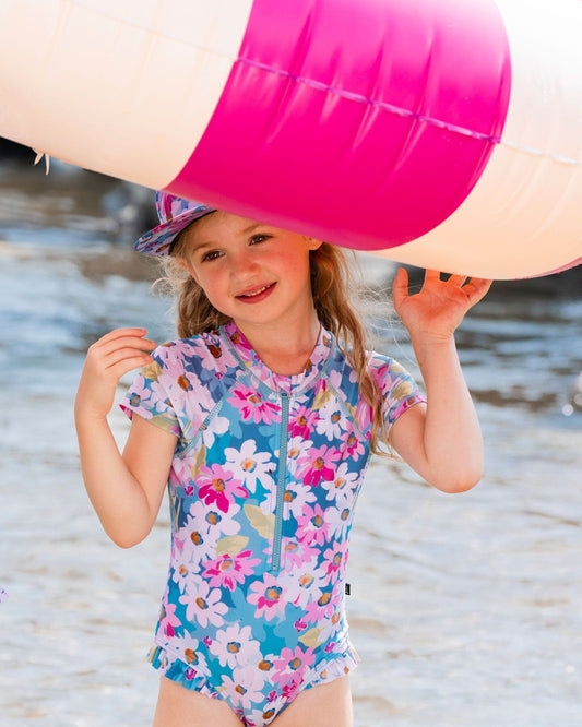 Printed Short Sleeve One-Piece Swimsuit With Frills White, Pink, And Green Flowers-1