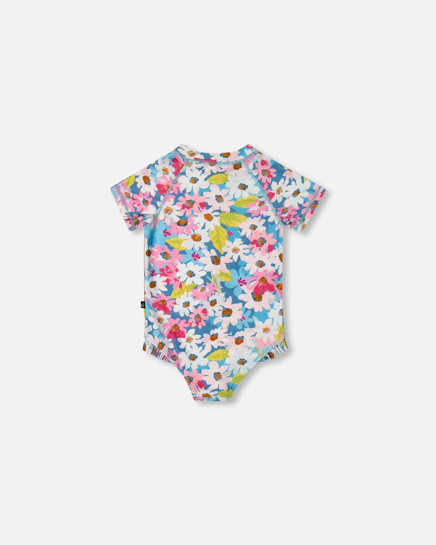 Printed Short Sleeve One-Piece Swimsuit With Frills White, Pink, And Green Flowers-2