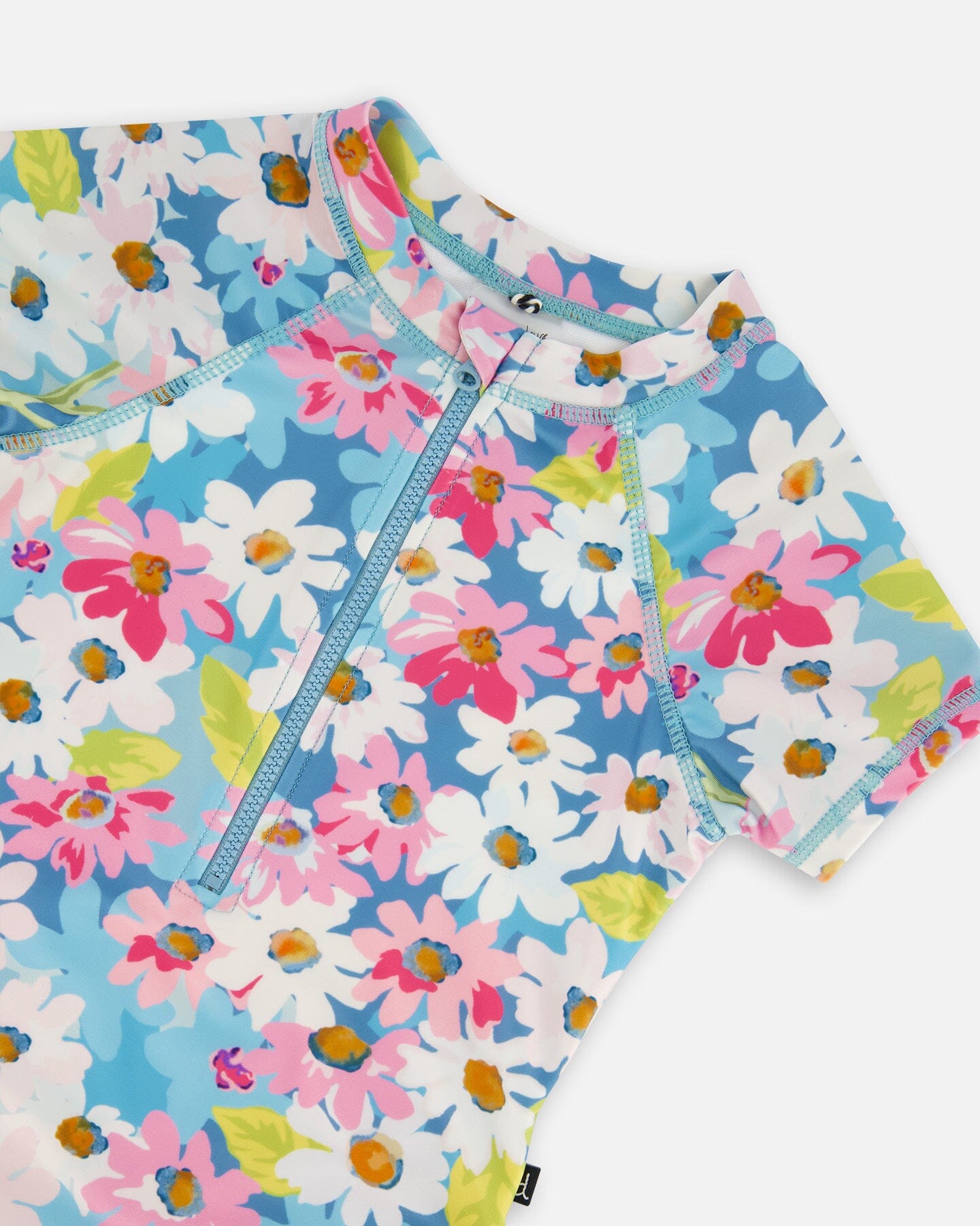 Printed Short Sleeve One-Piece Swimsuit With Frills White, Pink, And Green Flowers-4