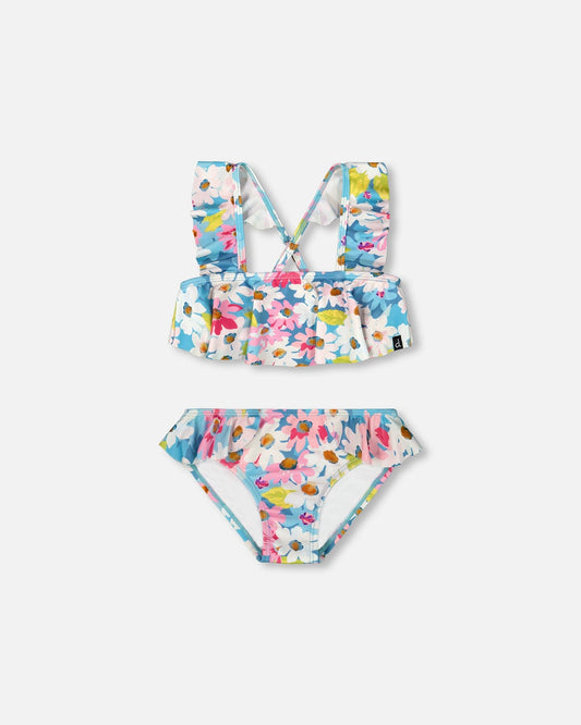 Printed Two-Piece Swimsuit With Frills White, Pink, And Green Flowers-0