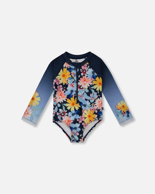 Printed Long Sleeve Rashguard Navy And Yellow And Pink Flowers-0