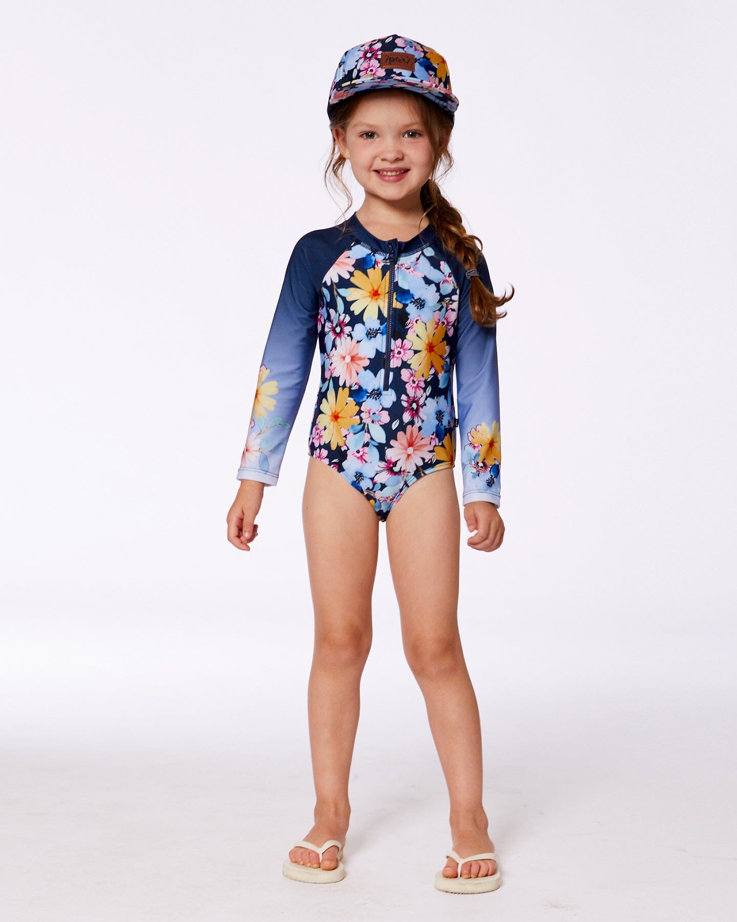 Printed Long Sleeve Rashguard Navy And Yellow And Pink Flowers-2