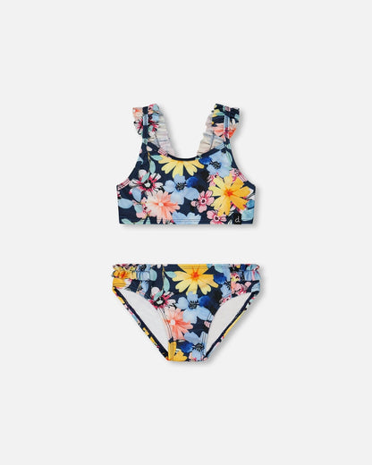 Printed Two-Piece Swimsuit Navy And Yellow And Pink Flowers-0