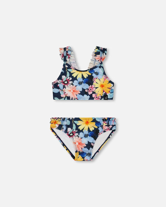 Printed Two-Piece Swimsuit Navy And Yellow And Pink Flowers-0