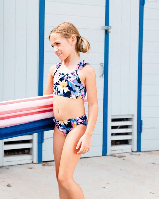 Printed Two-Piece Swimsuit Navy And Yellow And Pink Flowers-1