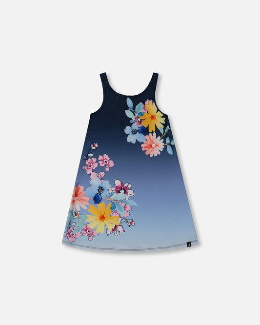 Printed Beach Dress Yellow, Pink Flowers On Navy Blue Background-0