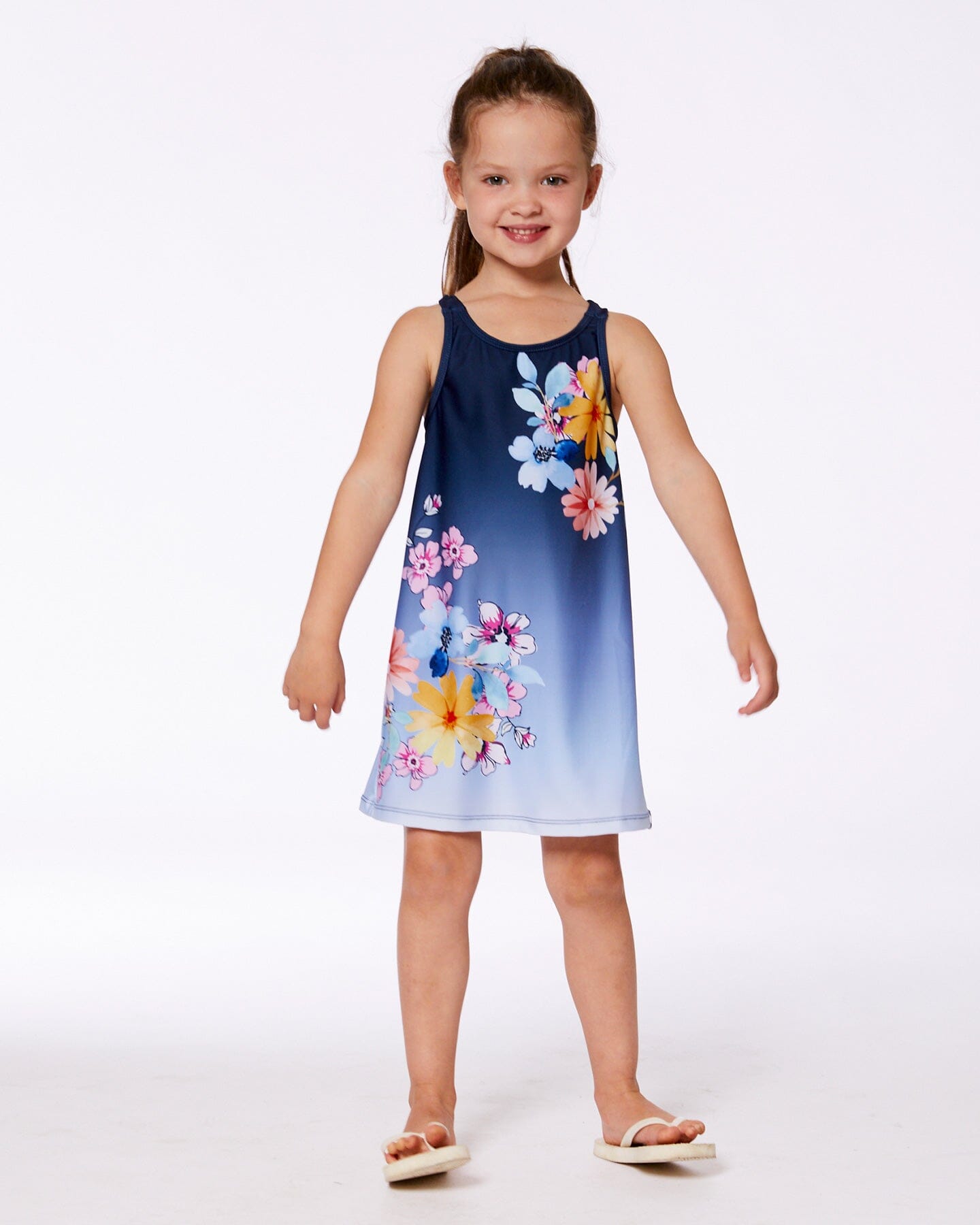 Printed Beach Dress Yellow, Pink Flowers On Navy Blue Background-1