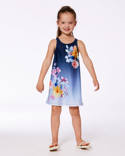 Printed Beach Dress Yellow, Pink Flowers On Navy Blue Background-1