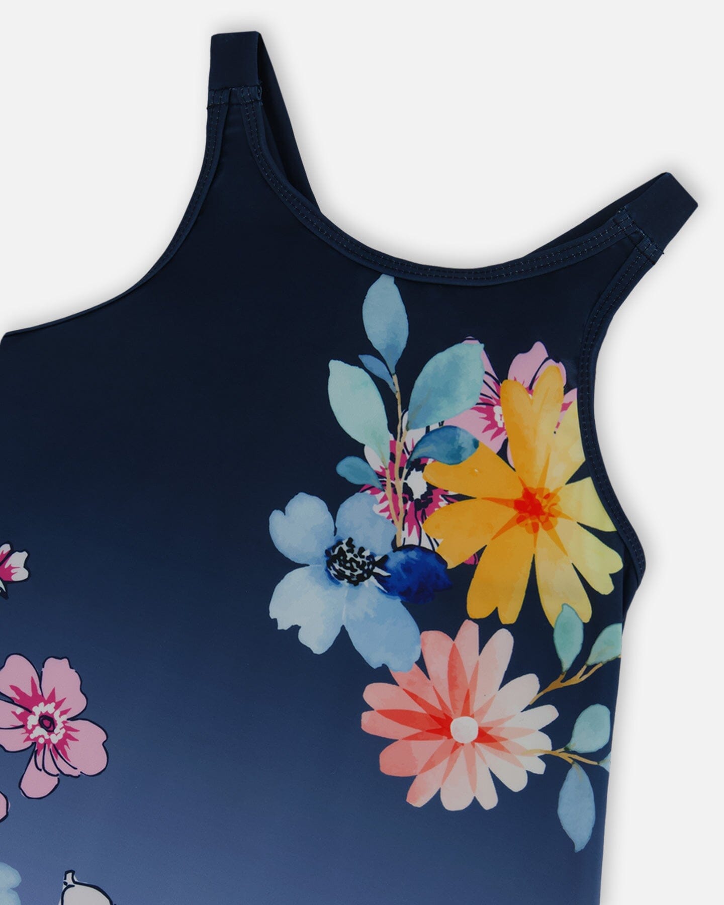 Printed Beach Dress Yellow, Pink Flowers On Navy Blue Background-3