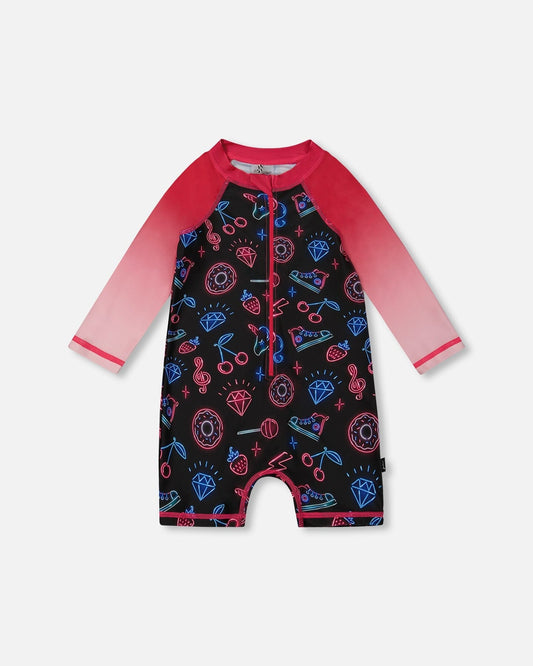 Printed Long Sleeve One-Piece Rashguard Black And Blue And Pink Items-0