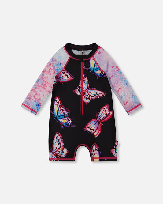 Printed Long Sleeve One-Piece Rashguard Black And Multicolored Butterflies-0