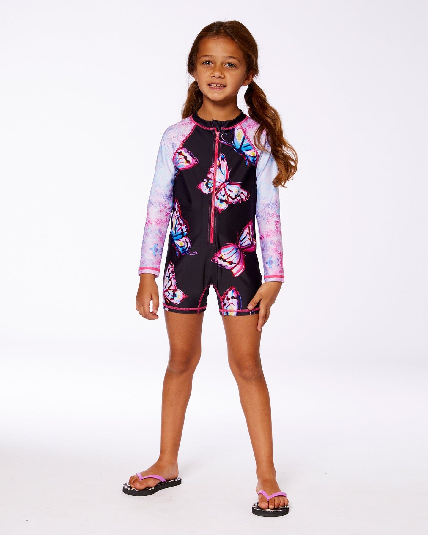 Printed Long Sleeve One-Piece Rashguard Black And Multicolored Butterflies-2