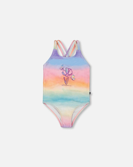 Printed One-Piece Swimsuit Flowers On Multicolored Background-0