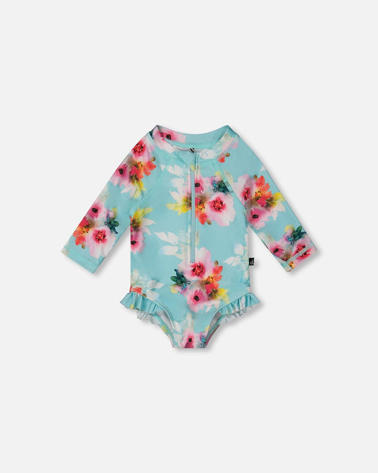 Printed One-Piece Rashguard With Frills Turquoise And Pink Flowers-0