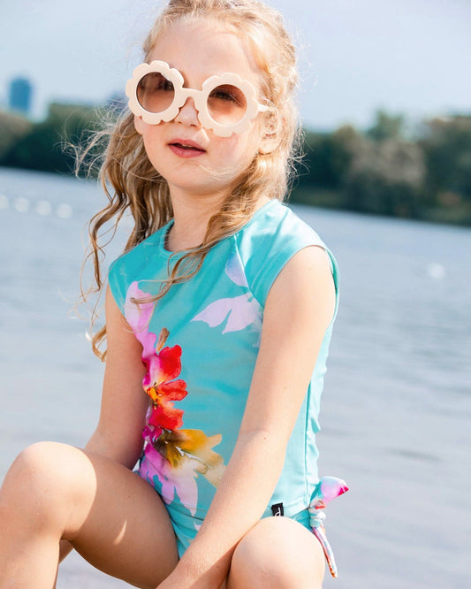 Printed Two-Piece Swimsuit Turquoise And Pink Flowers-1