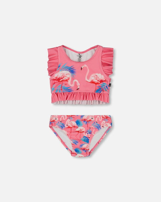 Printed Two-Piece Swimsuit With Frills Candy Pink And Pink Flamingo-0