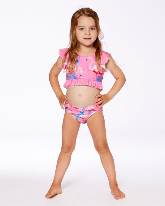 Printed Two-Piece Swimsuit With Frills Candy Pink And Pink Flamingo-1