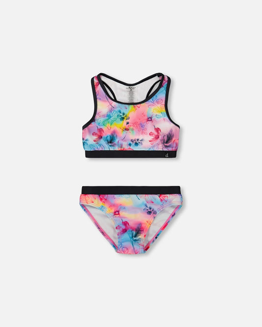 Printed Two-Piece Racerback Swimsuit Butterflies On Multicolored And Black Background-0