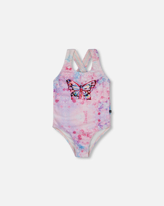 Printed One-Piece Swimsuit Pink Butterflies With Bubble Effects-0