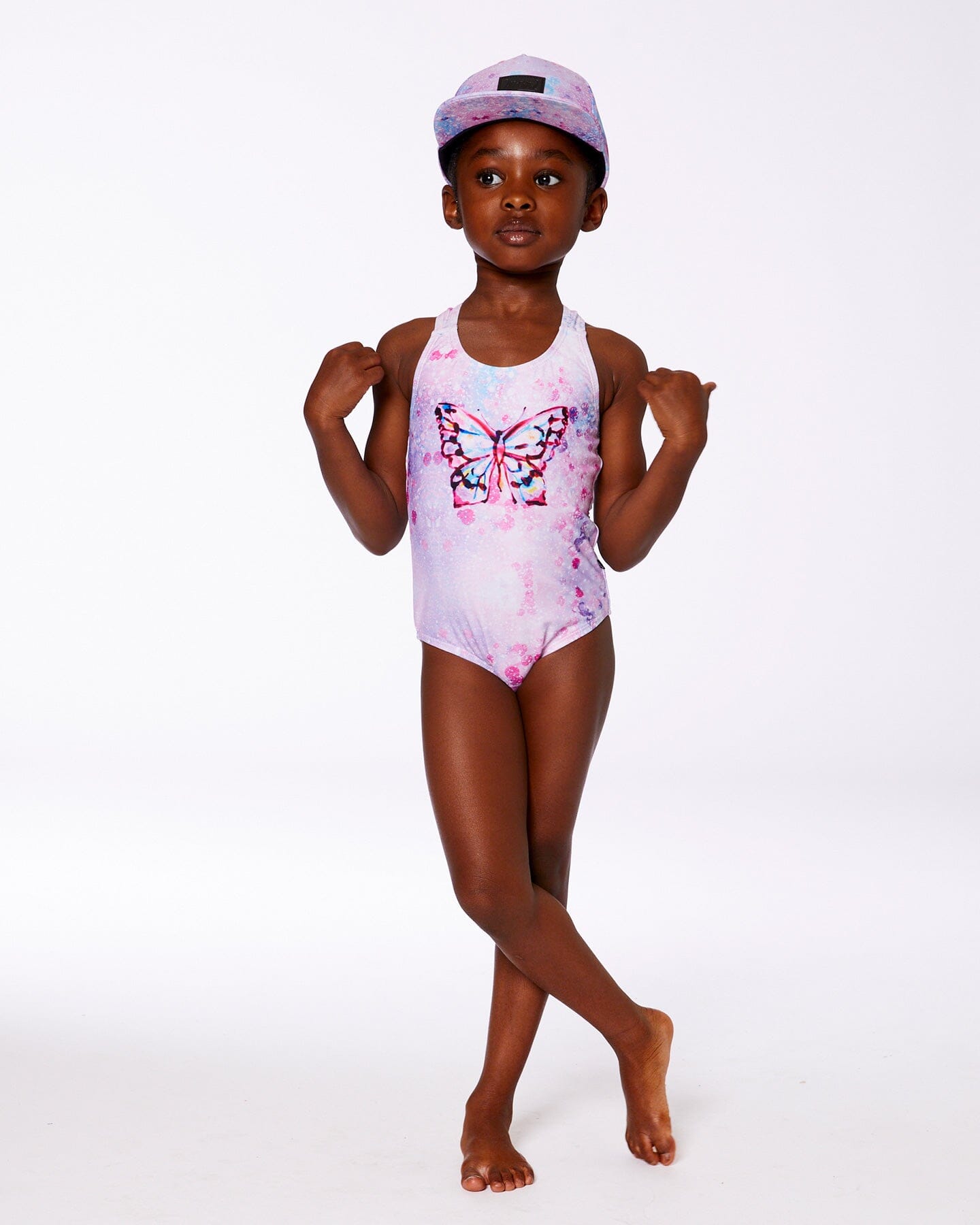 Printed One-Piece Swimsuit Pink Butterflies With Bubble Effects-1