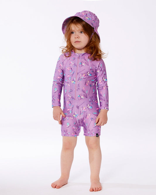 Printed Beach Sun Hat Old Mauve And Multicolored Butterflies-1