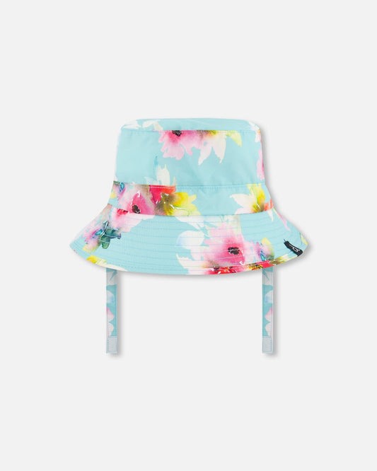 Printed Beach Sun Hat Turquoise And Pink Flowers-0