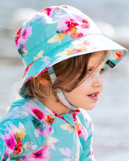 Printed Beach Sun Hat Turquoise And Pink Flowers-1
