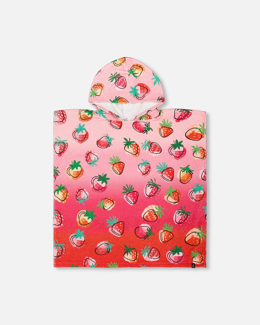 Poncho De Plage Motif Fraises Rose Vif-0