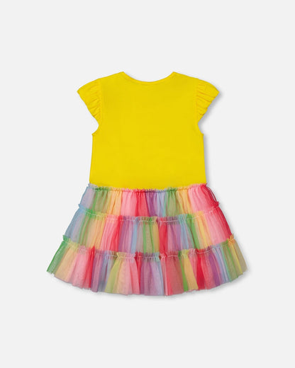 Short Sleeve Dress With Ruffle Tulle Skirt Multicolored-1