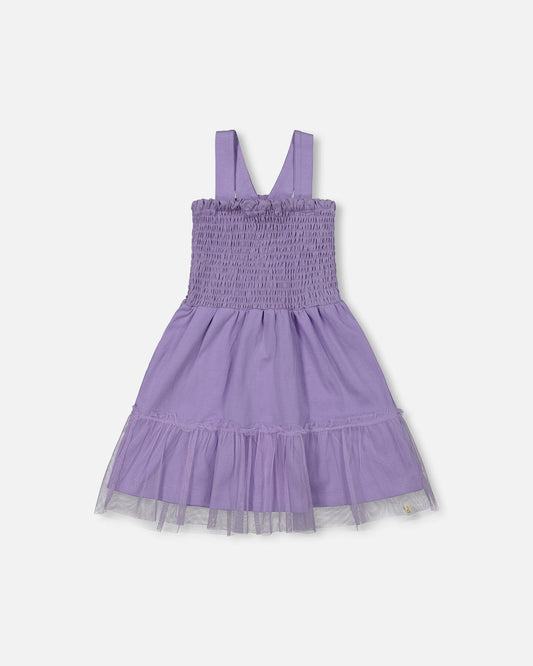 Smocked Dress With Frilled Mesh Skirt Old Mauve-0