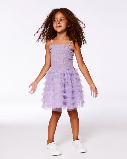Smocked Dress With Frilled Mesh Skirt Old Mauve-1