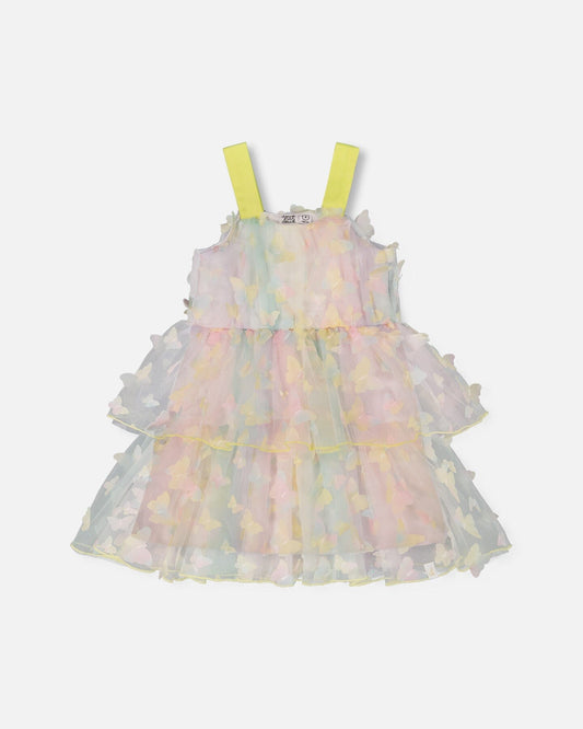 Tiered Printed Mesh Dress Multicolored With Butterflies-0