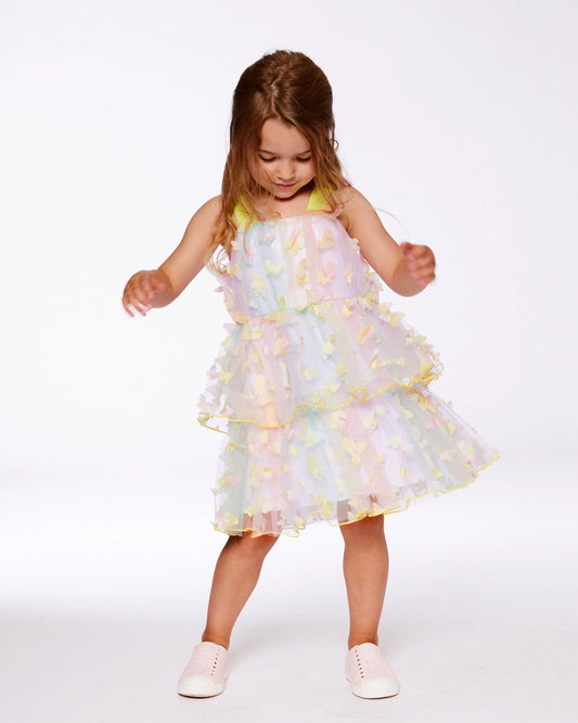 Tiered Printed Mesh Dress Multicolored With Butterflies-1