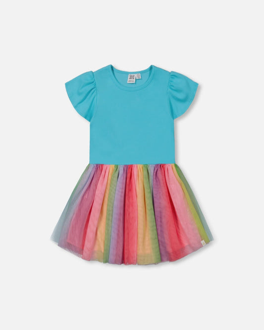 Bi-Material Dress With Printed Mesh Skirt Multicolored-0