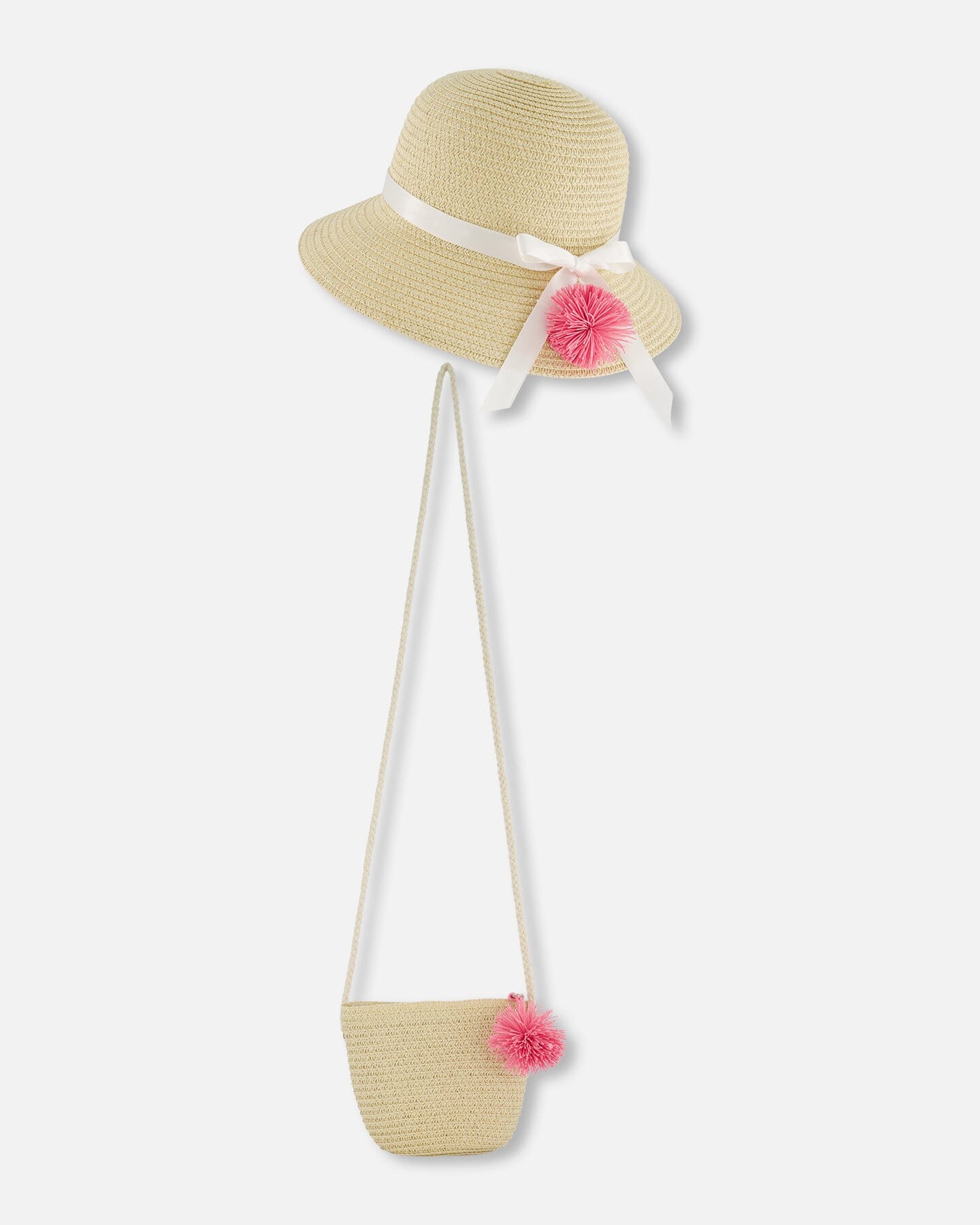 Straw Bag And Hat Set Straw And Pink-0