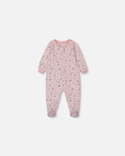 Printed Organic Cotton One-Piece Pajama Small Pink Flowers On Pale Pink Background-0