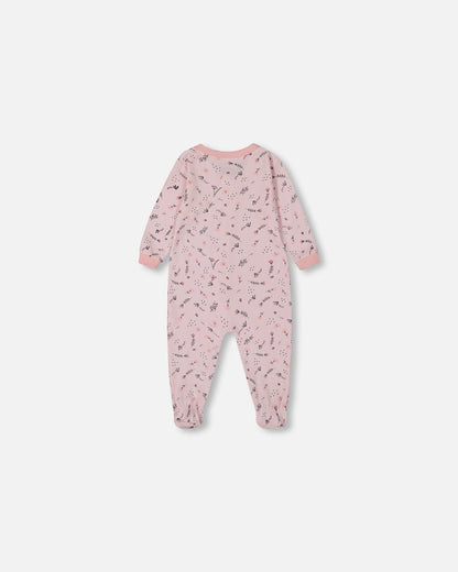 Printed Organic Cotton One-Piece Pajama Small Pink Flowers On Pale Pink Background-2