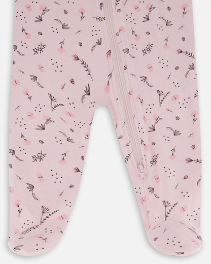 Printed Organic Cotton One-Piece Pajama Small Pink Flowers On Pale Pink Background-4