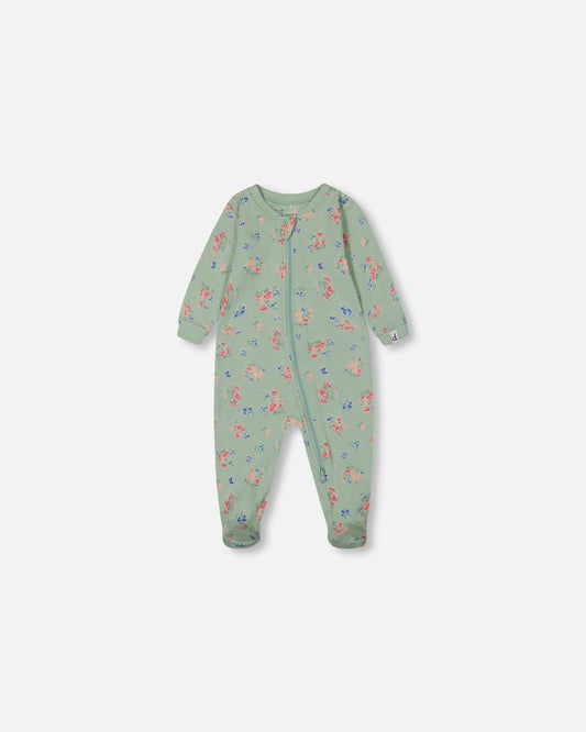 Printed Organic Cotton One-Piece Pajama Small Pink And Blue Flowers On Light Sage-0