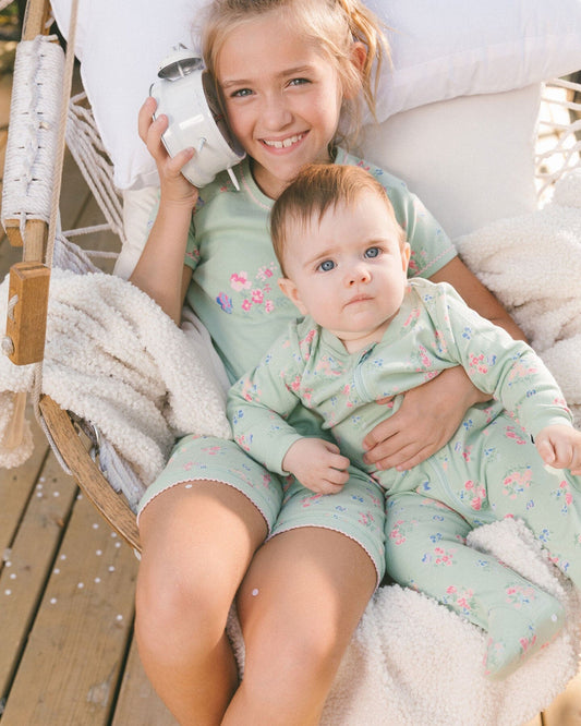 Printed Organic Cotton One-Piece Pajama Small Pink And Blue Flowers On Light Sage-1