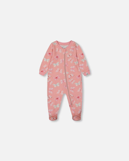 Printed Organic Cotton One-Piece Pajama Pink And Blue Butterflies On Old Pink-0