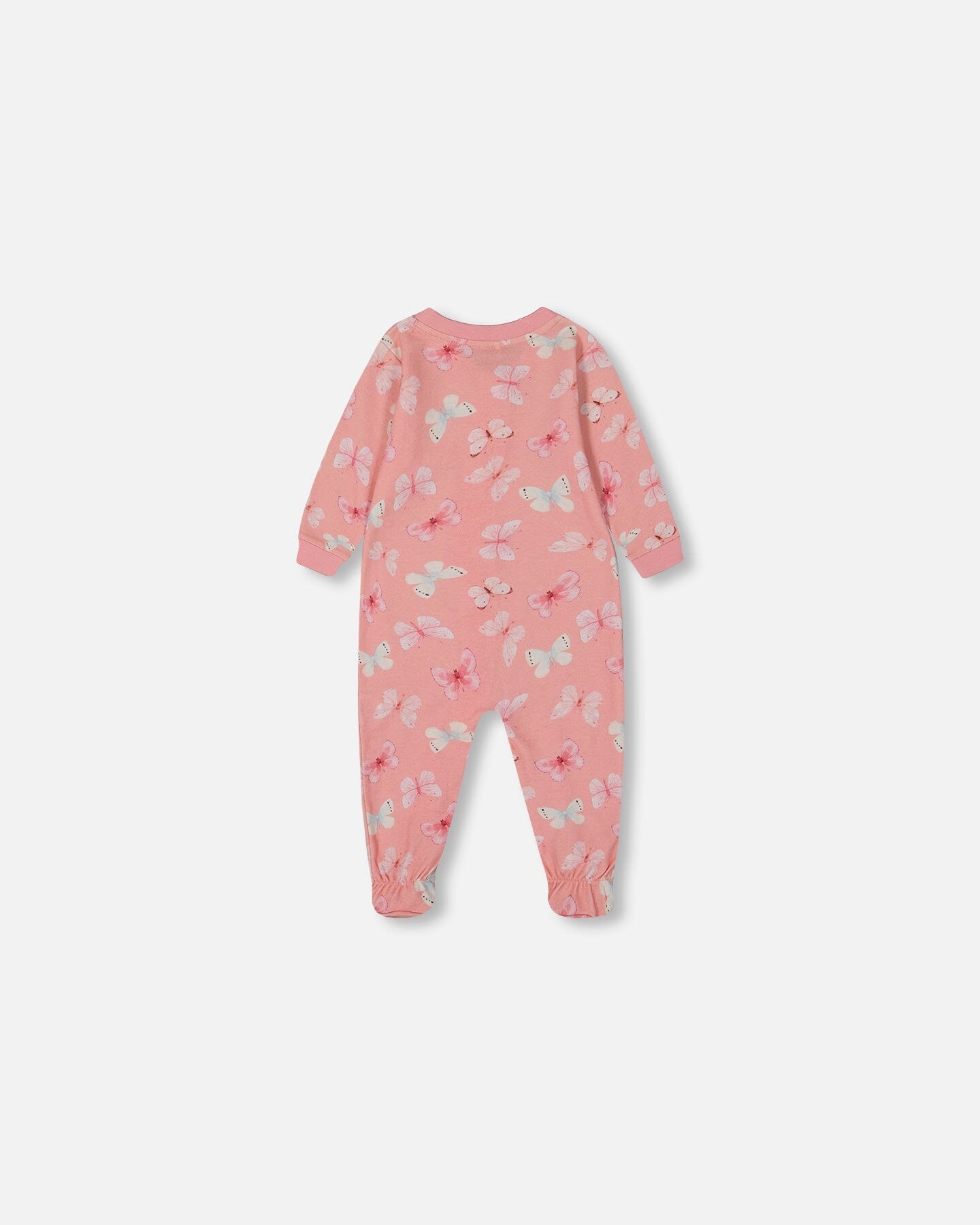 Printed Organic Cotton One-Piece Pajama Pink And Blue Butterflies On Old Pink-1