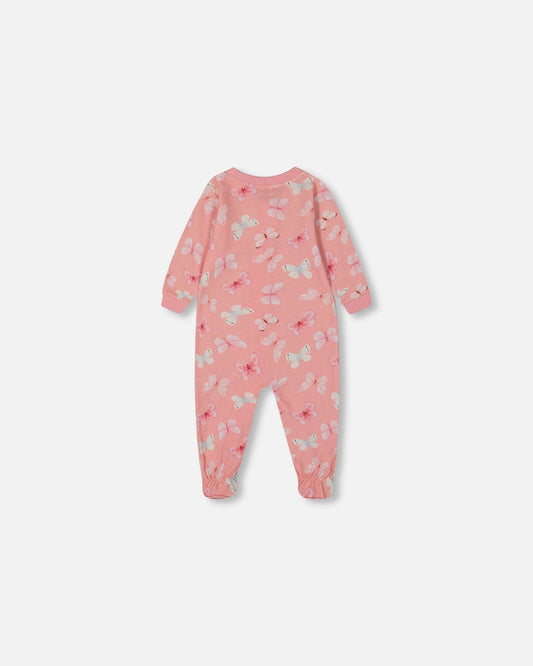 Printed Organic Cotton One-Piece Pajama Pink And Blue Butterflies On Old Pink-1
