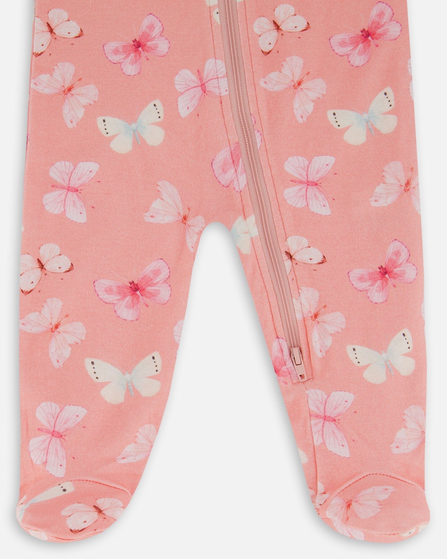 Printed Organic Cotton One-Piece Pajama Pink And Blue Butterflies On Old Pink-2