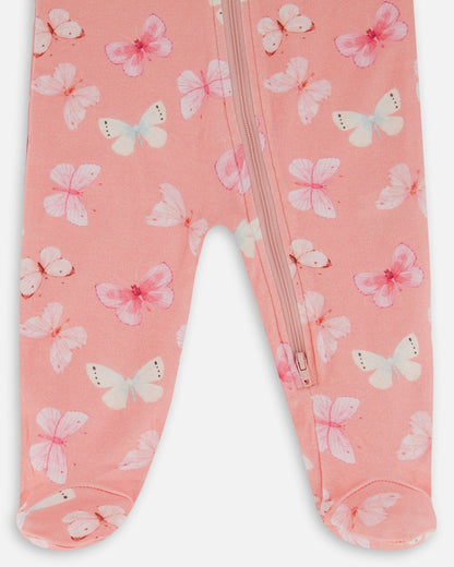 Printed Organic Cotton One-Piece Pajama Pink And Blue Butterflies On Old Pink-2