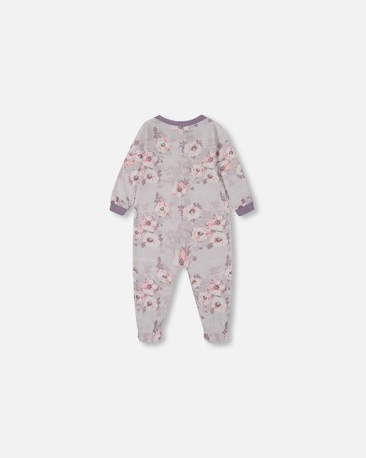 Printed Organic Cotton One-Piece Pajama Pale Pink Flowers On Neutral Lilac-1