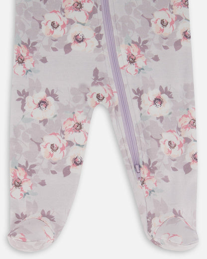 Printed Organic Cotton One-Piece Pajama Pale Pink Flowers On Neutral Lilac-2