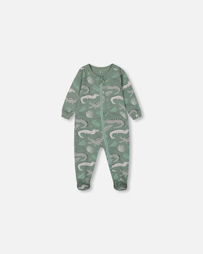 Printed Organic Cotton One-Piece Pajama Light Sage And Gray Crocodile-0