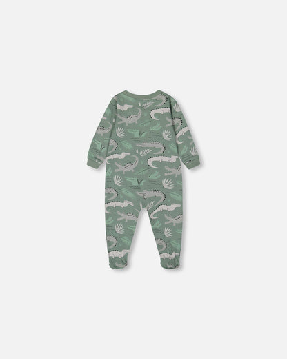 Printed Organic Cotton One-Piece Pajama Light Sage And Gray Crocodile-1
